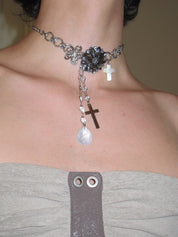 PROD Silver Oriana Floral Cross Drop Choker