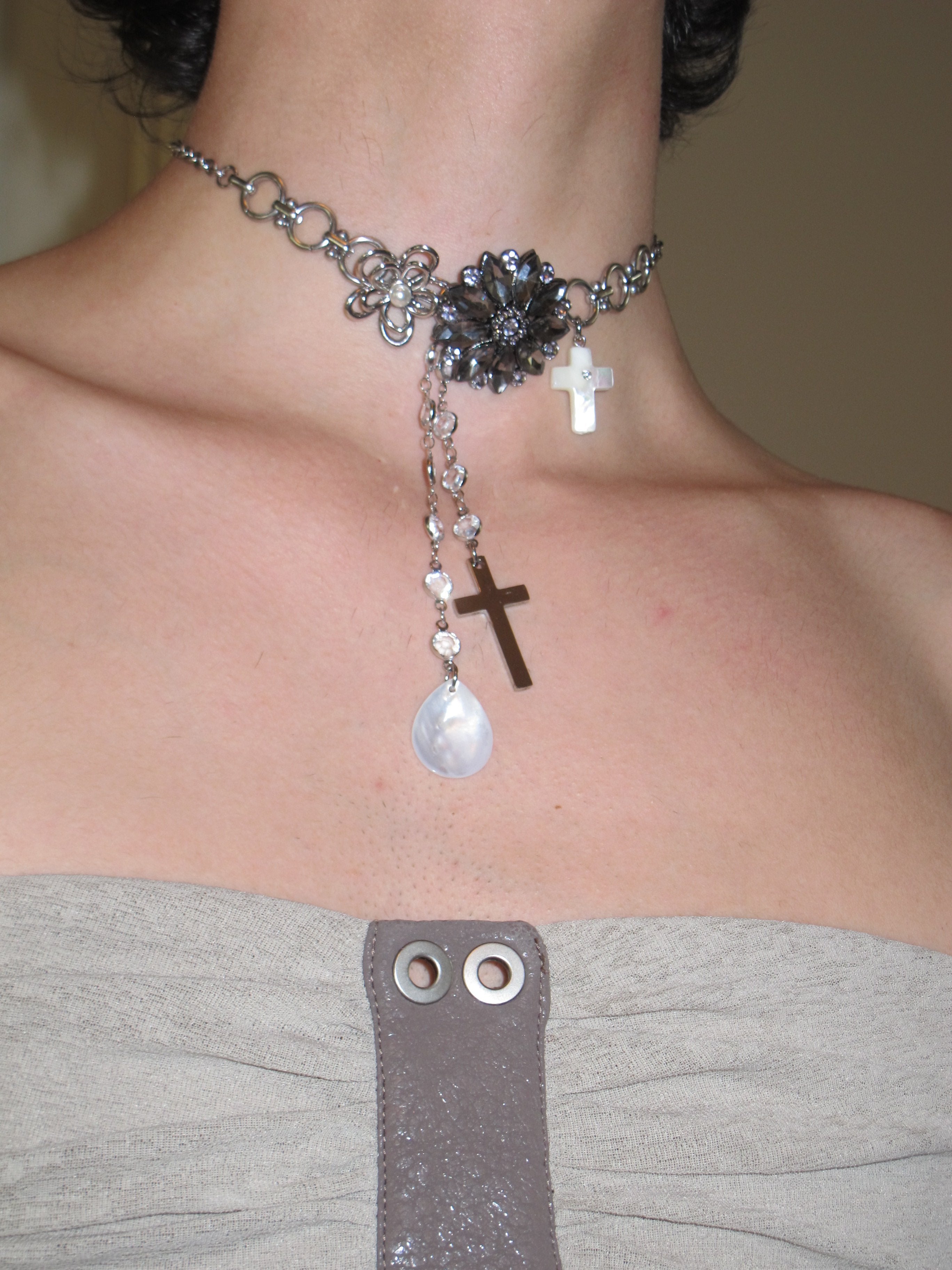 PROD Silver Oriana Floral Cross Drop Choker