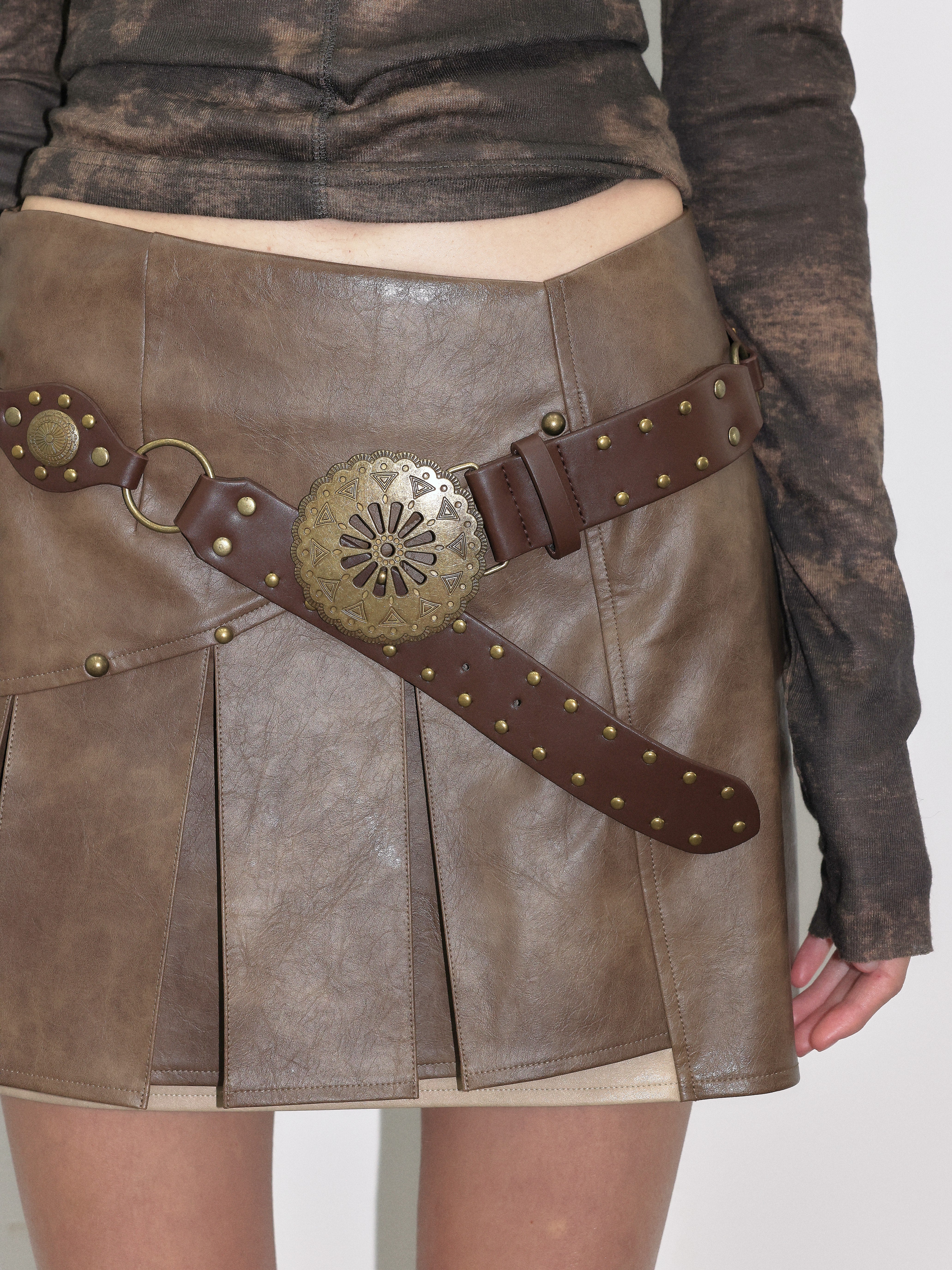 PROD  Studded Pleated Leather Skirt With Belt