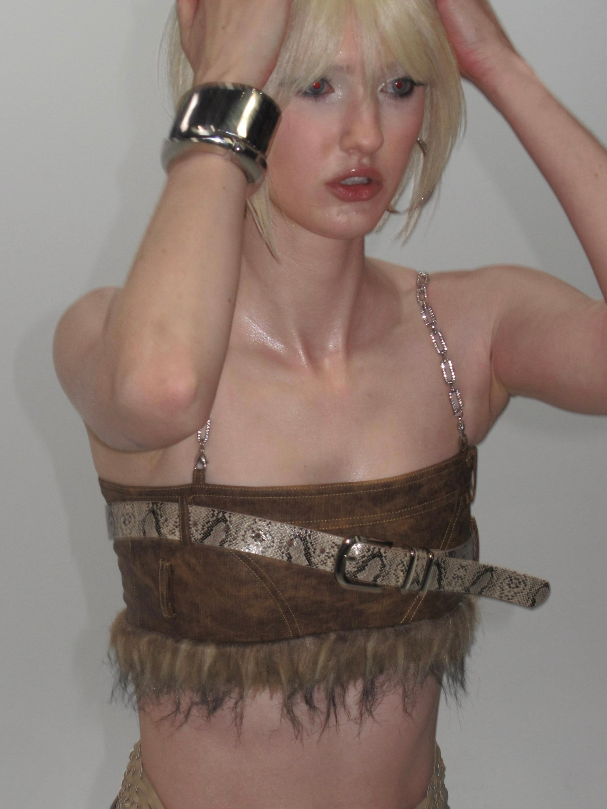 PROD Top with belt / XS / In-stock Thea Faux Fur Chain Top Brown