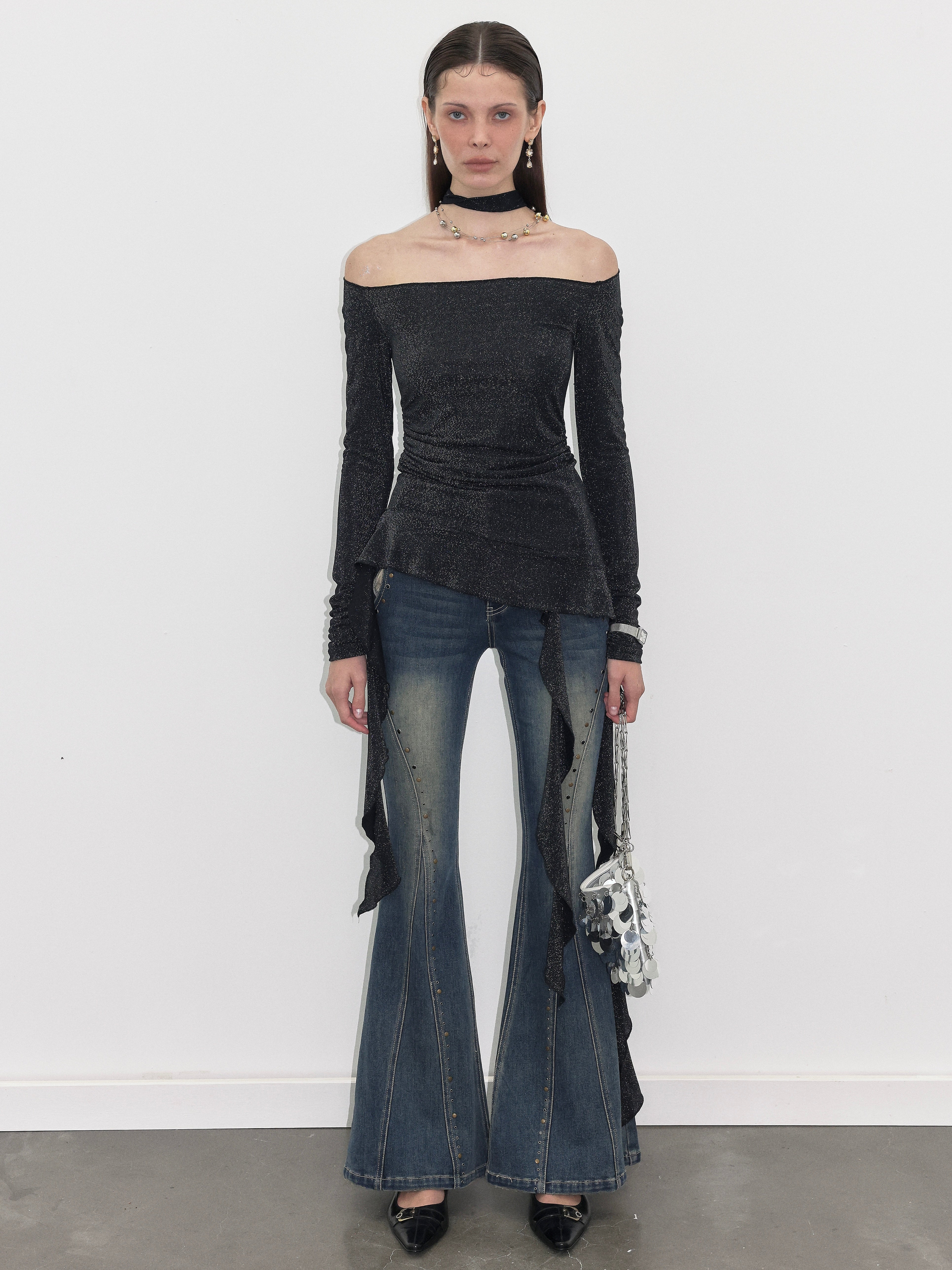  black Cross-back Off-the-shoulder top