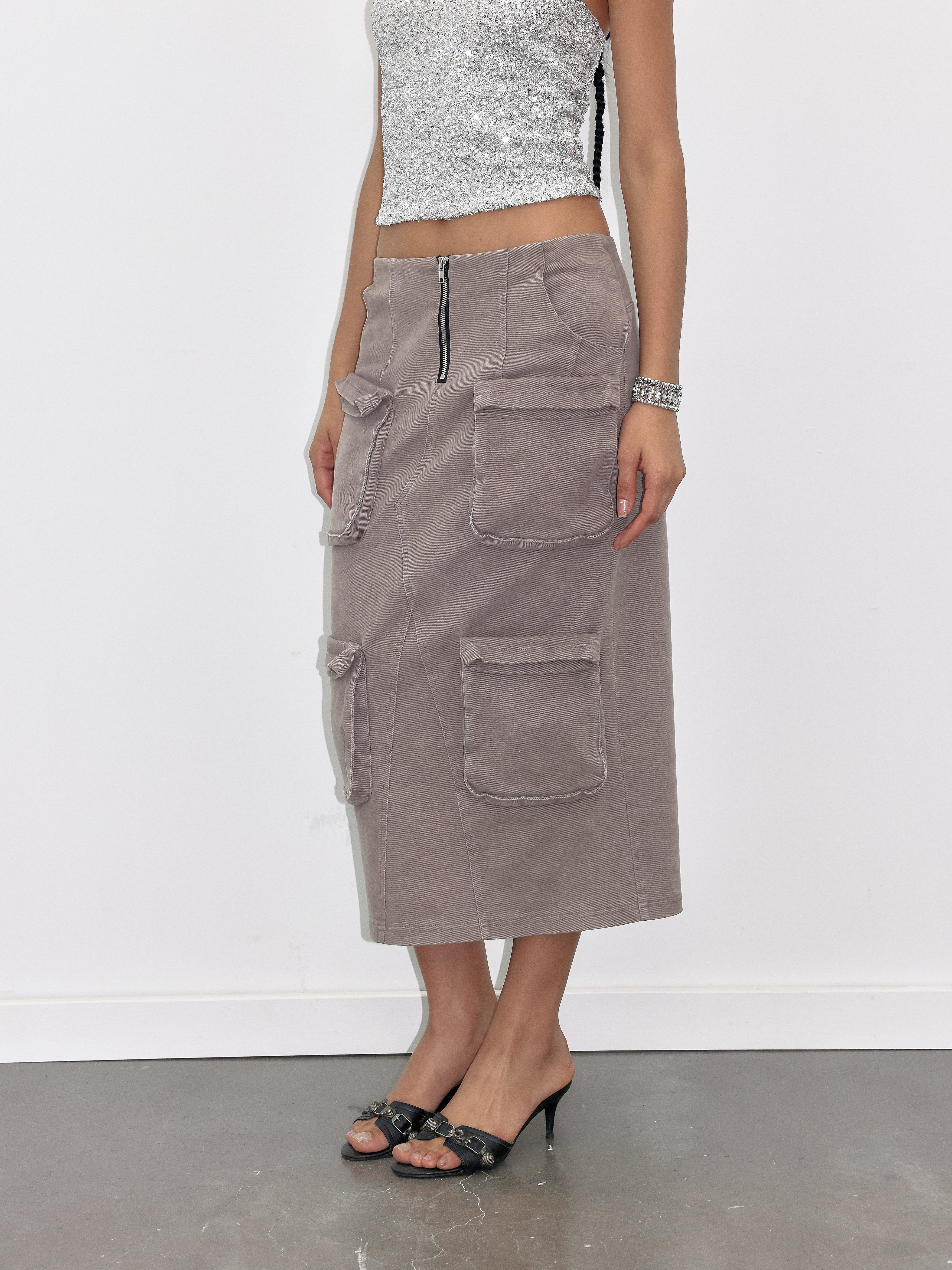  coffee Cargo Denim Maxi Skirt