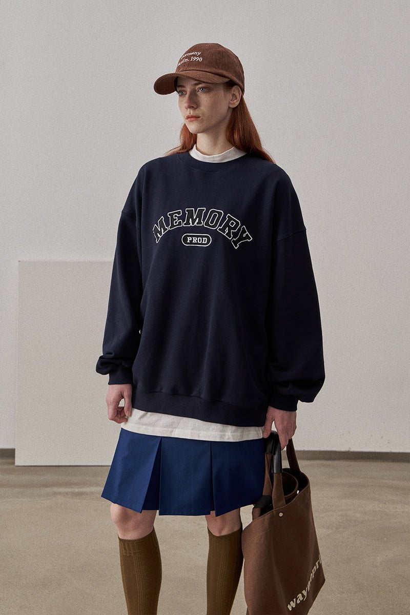 PROD Bldg Apparel & Accessories Loose Fit Memory Letters Embroidered Crewneck Sweatshirt / Navy Blue