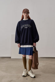 PROD Bldg Apparel & Accessories Loose Fit Memory Letters Embroidered Crewneck Sweatshirt / Navy Blue