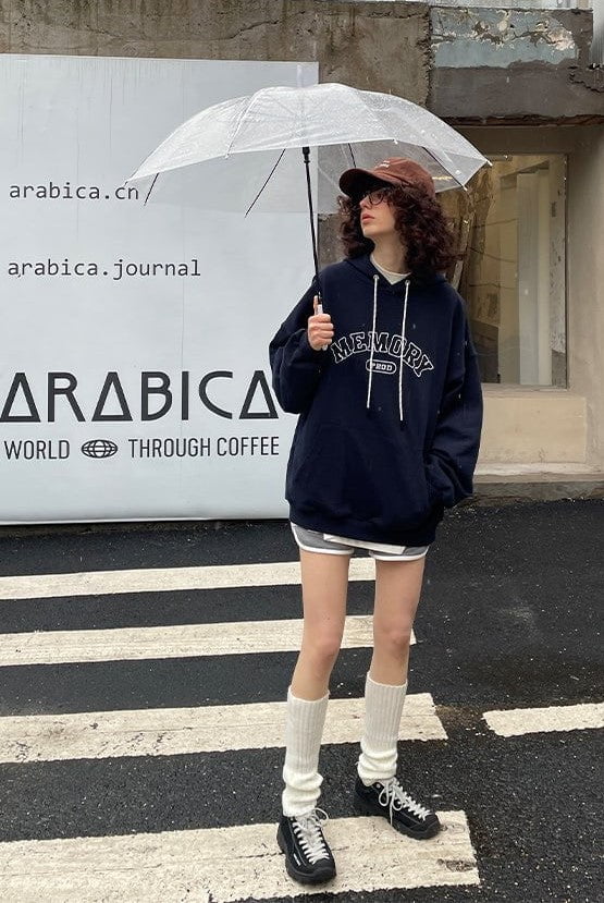 PROD Bldg Apparel & Accessories Loose Fit Memory Letters Embroidered Hoodie / Navy Blue