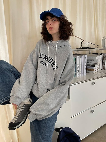 Loose Fit Memory Letters Embroidered Hoodie Melange Grey PROD