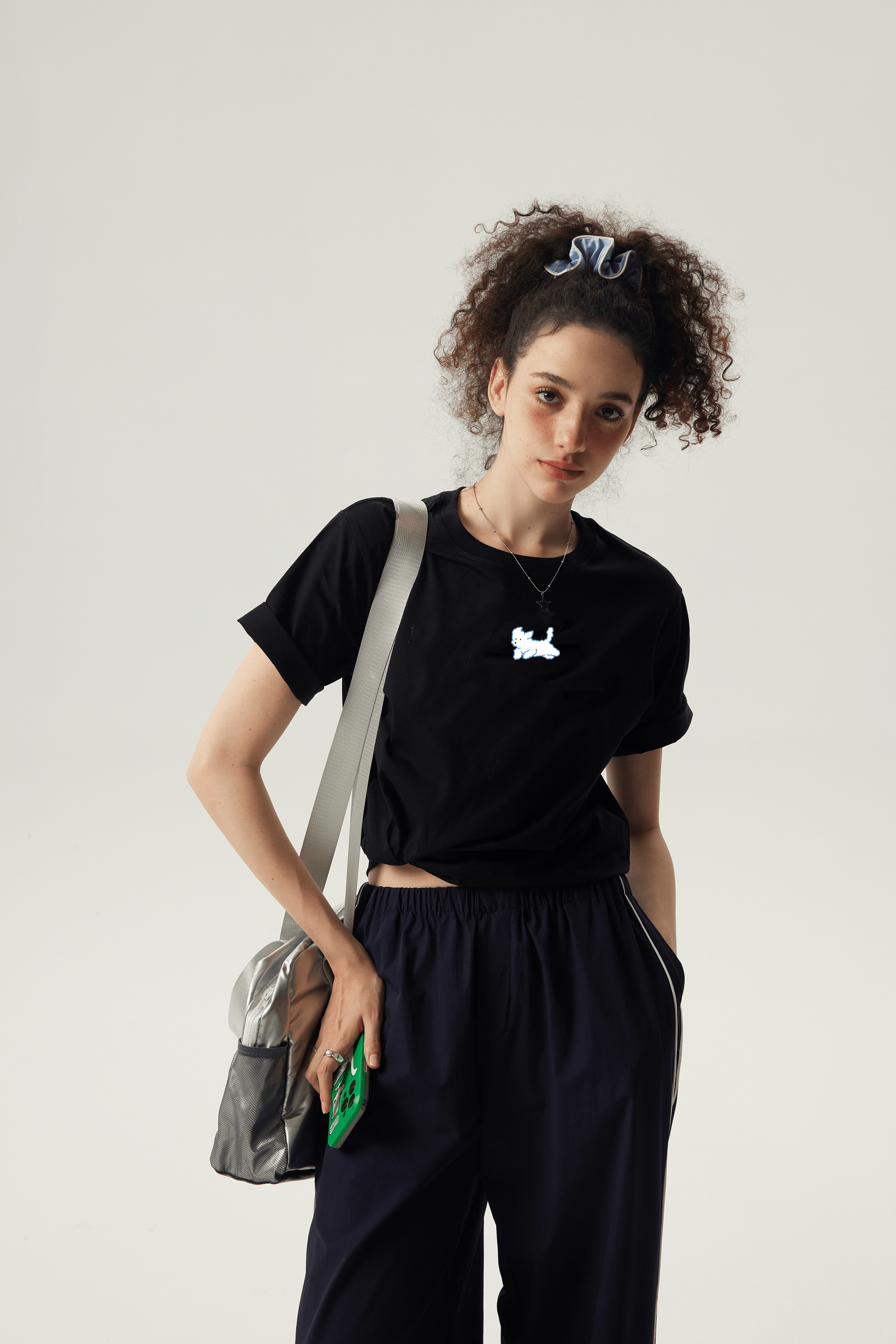  Black Little Puppy Boxy Short Sleeve T-Shirt